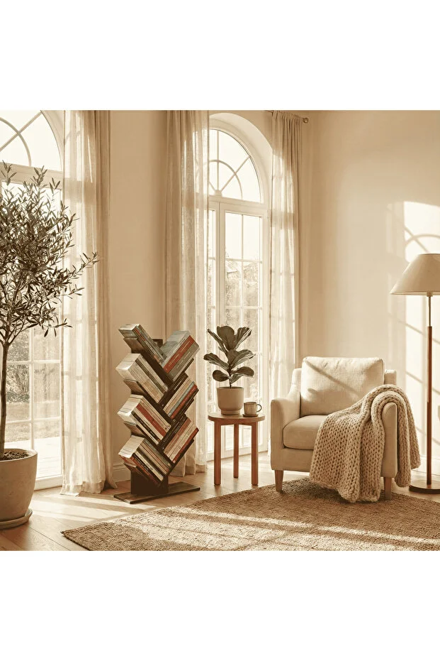 Geometrik 8 Raflı Ağaç Kitaplık Dekoratif Raf